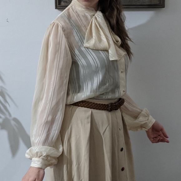 Vintage Tops - Vintage Cream Pinstriped Button-up Neck Bow Blouse